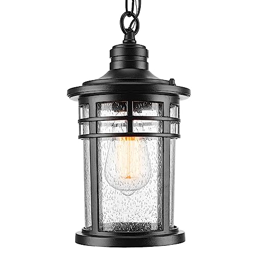 Darkaway Outdoor Pendant Lights for Porch, Outdoor Chandelier Hanging Porch Lights Ceiling Mount Aluminum with Seeded Glass for Front Porch Gazebo Patio (Medium, Black) - color: Black, size: Medium Size