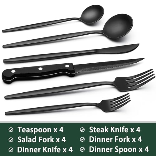 EWFEN 24-Piece Black Silverware Set with Steak Knives, Black Flatware Set for 4, Food-Grade Stainless Steel Tableware Cutlery Set, Mirror Finished Utensil Sets for Home Restaurant, Long Edge - style: Long Edge