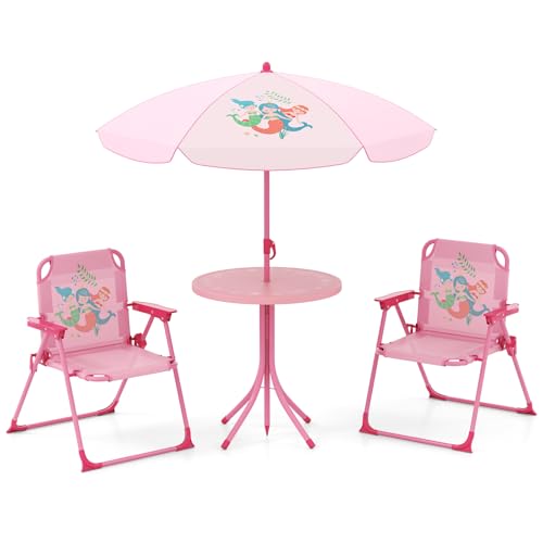 KOTEK Kids Picnic Table with Umbrella, Outdoor Table & 2 Folding Chairs, Cute Pattern Children’s Patio Furniture, Portable Kids Table and Chair Set for Backyard, Garden, Beach (Pink) - color: Pink Mermaid