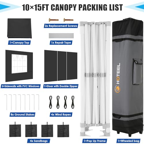 HOTEEL Canopy Tent 10x15 Heavy Duty Pop Up Canopy with Sidewalls, Party Tent with Roller Bag for Event Wedding, Upgraded Commercial Waterproof Instant Canopy, Thick Hexagonal Legs, UPF50+, Black - color: Black, size: 10x15FT (+4 Walls)
