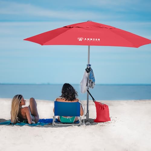 AMMSUN 8ft Large Beach Umbrellas for Sand Heavy Huty Wind Portable Commercial Grade Patio Beach Umbrella with Sand Anchor Adjustable Height Air Vent UPF 50+ Telescoping Pole without tilt Red - color: Red