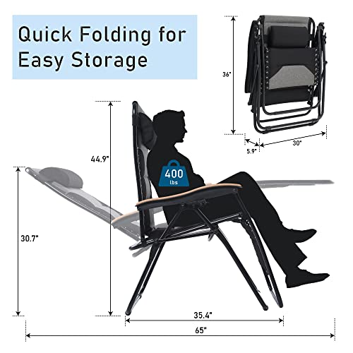 PHI VILLA XXL Oversized Padded Zero Gravity Chair, Foldable Patio Recliner, 30" Wide Seat Anti Gravity Lounger with Cup Holder, Support 400 LBS (Black) - color: Black, style: 1 Pcs