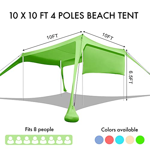 Beach Canopy Tent Shade with Sidewalls 10x10FT, 6.6FT Tall, UPF50+ Sun Shelter, Windproof & Water Resistant, Includes Guylines Sand Shovel Stability Poles, Easy Up for Beach Outdoor Camping Backyard - color: Green