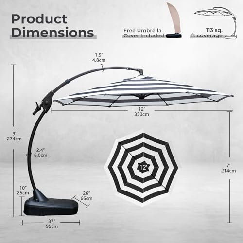 Grand patio 12FT Outdoor Round Offset Umbrella Large Patio Aluminum Cantilever Umbrella with Base for Garden Deck Poolside (Black & White, 12 FT) - color: Black & White, size: 12 FT