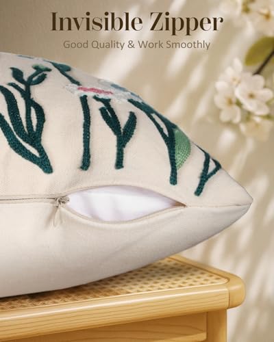 Embroidered Throw Pillow Cover 18x18 Inch - Spring Summer Boho Decorative Pillow Cover with Zipper for Living Room Couch Sofa Bed Aesthetic Design Flower Bird Cushion Pillowcase - color: Flower Bird, size: 18" x 18" (Pack of 1)