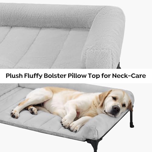 Veehoo Orthopedic Elevated Dog Bed with Fluffy Plush Bolster Cushion, Indoor Raised Dog Beds for Large Dogs, Soft Pet Sofa Cot with Removable Washable Mat, No-Slip Feet, 42 x 30 inches, Grey - color: Grey, size: 42.0"L x 30.0"W x 7.0"Th