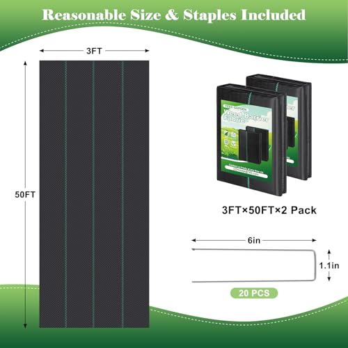 FEED GARDEN 3FT x 100FT Landscape Fabric Weed Barrier Fabric, Heavy Duty Weed Control Mat, Weed Blocker Ground Cover Geotextile Fabric for Gardening, with 20 U-Shaped Stakes (2 Pack 3x50FT) - size: 3FTx100FT