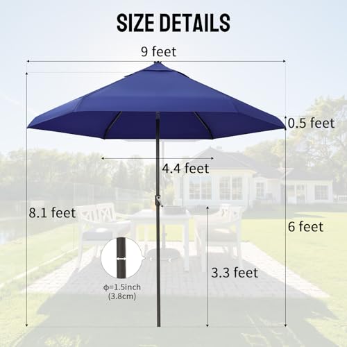 CROWN SHADES 9 Ft Patio Umbrella with Auto-Tilt & Olefin Fabric - Patented 45°Edge Connection Wind Resistant Outdoor Umbrella for Table, Pool, Beach, Effortless Crank System - color: Blue