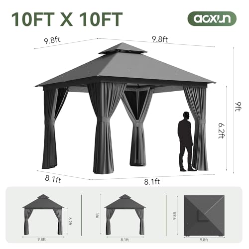 Aoxun 10x10 Outdoor Gazebo with 50FT LED Lights, Metal Frame Canopy Gazebo Double Roof Heavy Duty Patio Gazebo, Backyard Gazebo with Mosquito Netting & Waterproof Curtains for Garden Lawn (Gray) - color: Gray, size: 10 X 10 w/Lights