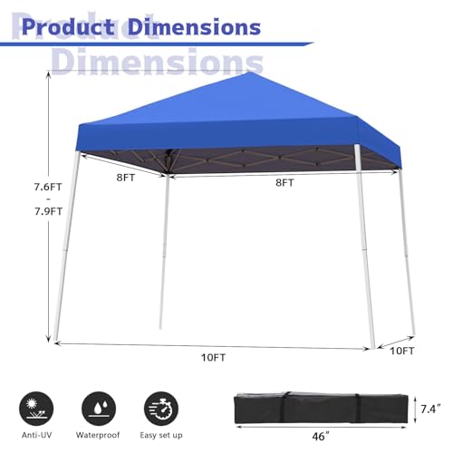Pop-up Canopy Tent, 10x10 Foot, Slant Legs with Carrying Bag, Gazebo Shelter for Patio Deck Garden and Beach, 8x8 Foot Cover Included, Blue - color: Blue