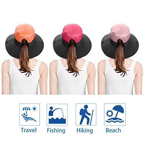 3 Pieces Womens Ponytail Wide Brim Sun Hat Packable UV Protection Beach Cap for Fishing & Hiking - color: Watermelon Red＆pink＆orange