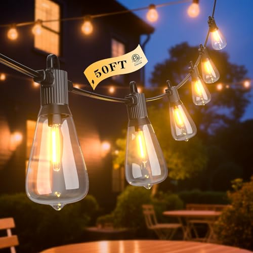 FOOMAN LED Outdoor String Lights, 50FT Outside Waterproof Patio Lights with 25+2 Shatterproof ST38 Edison Bulbs, 2700K Warm White Hanging Light, Dimmable Light for Backyard Garden Bistro Party - size: 50FT