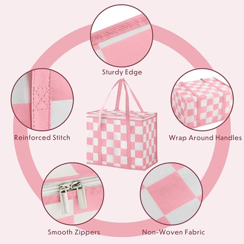 Ohocut Checkered Insulated Grocery Bags 2 Pack, Checkerboard Cooler Shopping Bags for Groceries, Insulated Bags for Food Delivery - color: Pink