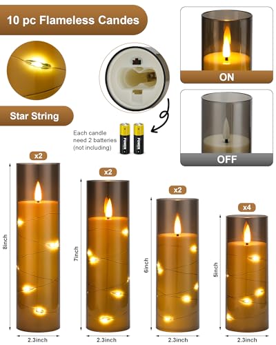 Enido Flameless LED Candles with Remote & Timer, Battery Operated Acrylic Pillar Set, 10 Pc Flickering Electric Lights with Embedded Star String for Cozy Home & Holiday Romantic Decor (Matte Grey) - color: Brown
