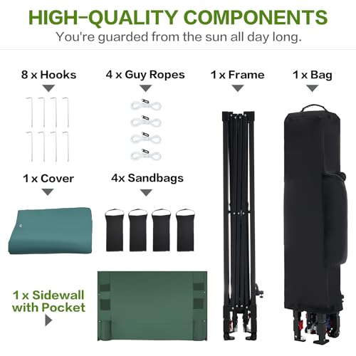 Tunbne 12'x12' Pop Up Canopy Tent with 1 Sidewall and 6 Pockets, Case, 8 Stakes, 4 Ropes, 4 Sandbags (Green, 12x12) - color: Green, size: 12x12