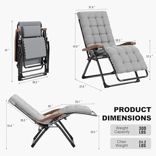 PURPLE LEAF Oversized Outdoor Reclining Chair Patio Zero Gravity Chaise Lounge Folding Chair with Removable Cushion Adjustable Headrest for Lawn Camping Beach Pool Grey - color: Grey - 1 Chair, size: Oversized – Thick Cushion