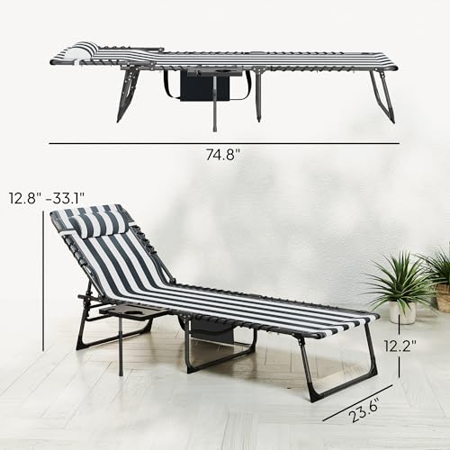 Outsunny Folding Chaise Lounge Chair Outdoor Tanning Chair with Side Table, 5-Level Adjustable Beach Lounge Chair with Headrest, Side Pocket for Patio, Backyard, Beach, Poolside, Blue and White - color: Blue and White