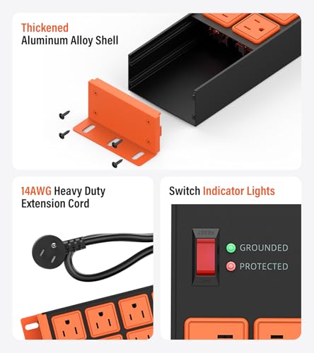 HHSOET 2 Pack Heavy Duty Power Strip 8 Outlets, Work Shop Outlet Strip Surge Protector 4800J, Industrial Metal 15Amp Power Strip, 6FT Extension Cord, ETL Listed - color: Orange, size: 6ft