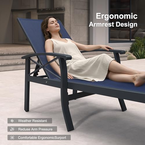 PURPLE LEAF Oversized Chaise Lounge Chair Outdoor Set of 2 Extra Wide Pool Lounge Chairs 5 Adjustable Position with Armrests and Side Table Aluminum Patio Lounge Chair for Outside Beach, Deep Blue - color: Deep Blue, size: Oversized