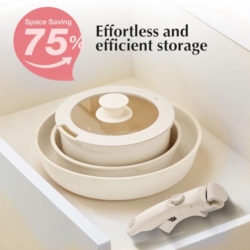 White Non-Stick Ceramic Cookware Set, 5-Piece Pots and Pans Set with Detachable Handles, Perfect for Everyday Cooking, RV Camping, and Compact Kitchens, Induction Compatible, PFOA & PTFE Free - color: Beige White