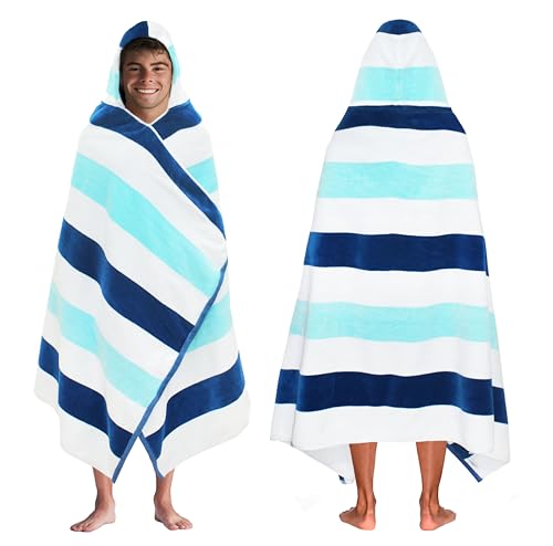 COTTON CRAFT Hooded Beach Towel - Oversized XXL 35x84 Towel with Hood for Adults - The Big Kahuna 7 Foot Beach Blanket Towel - Big & Tall Soft 100% Cotton Velour - Pool Bath Wrap - Cabana Stripe Blue - color: Ocean Blue, size: 1 Pack - 35x84 Hooded
