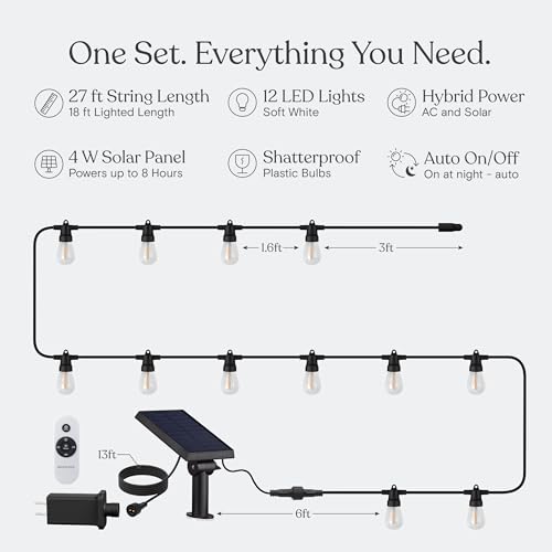 Brightech Ambience Hybrid Outdoor String Lights - Dual Plug and Solar Powered Waterproof LED Light String for Outside - 27 Ft, Dimmable 4W, Soft White Edison Bulbs for Camping, Patio, Cafe, Yard - style: Hybrid Super Bright - 27 Feet