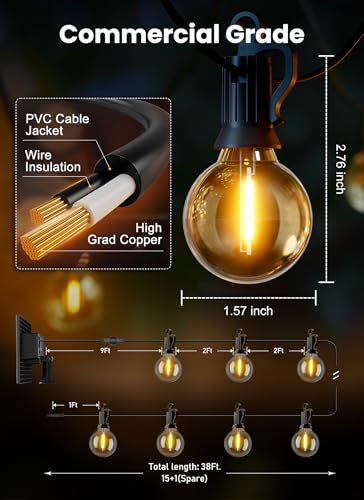 Brightown 38FT Solar String Lights Outdoor with Remote and 16 LED Shatterproof Bulbs, Dimmable & Timable, 3 Light Modes, Solar Patio String Lights Outdoor for Cafe, Garden, Deck, Outside Wedding - size: 38FT