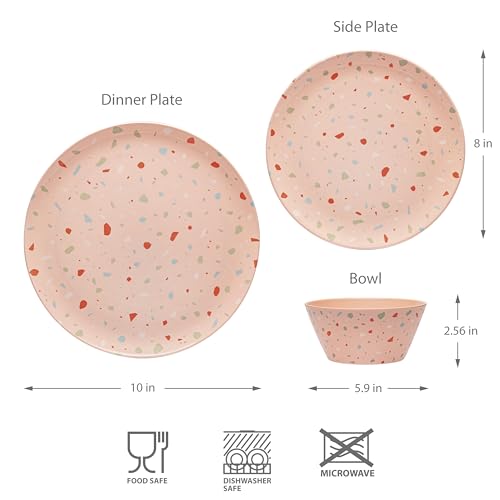 Bzyoo 12-Piece Melamine Dinnerware Set - Confetti Pink Plates and Bowl Lightweight BPA-Free Dishwasher Safe Dish Set for Indoor & Outdoor Use - Perfect for Camping, BBQs, Kids Parties - color: Pink Confetti