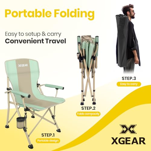 XGEAR Camping Chair with Padded Hard Armrest, Sturdy Folding Camp Chair with Cup Holder, Storage Pockets Carry Bag Included, Support to 400 lbs - color: 1-green