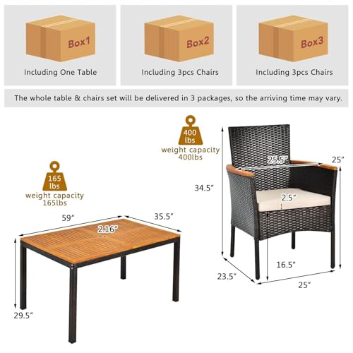 HAPPYGRILL 7-Piece Rattan Patio Dining Set Outdoor Wicker Dining Set with Umbrella Hole, Removable Cushions, Table & Chairs Set with Acacia Wood Table Top - color: Brown & Tabletop B