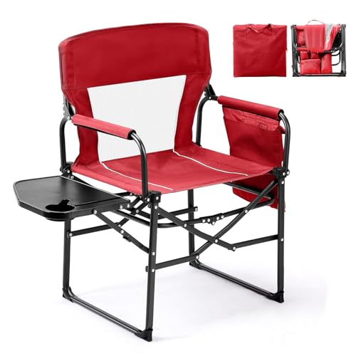 VINGLI Camping Chairs, Directors Chair, Camping Chair with Side Table & Carry Bag，Heavy Duty Camping Chairs for Adults, Portable Folding Camping Chair, Pocket for Beach, Fishing,Trip,Picnic,Lawn-Red - color: Red, size: 1 P