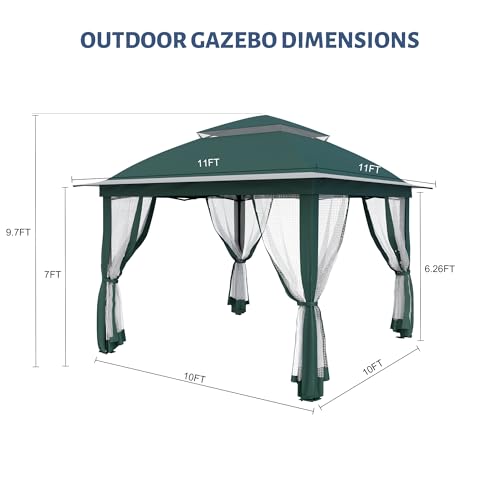 11'X11' Gazebo Pop Up with 4 Sidewalls Mosquito Netting, Heavy Duty Patio Gazebo Canopy Tent with Double Air Roofs for Backyards, Patios, Decks, Gardens, Parks - color: Green Top