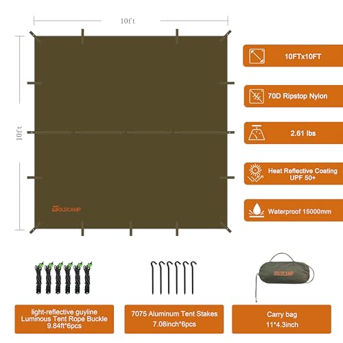 GOLDCAMP Waterproof Camping Tarp，70D Nylon 10X10FT Hammock Rain Fly ，UV 50+ and PU15000mm Tent Tarp Shelter Canopy，Heavy Duty Multifunctional Sun Shade or Rain Fly Essentials for Hiking Backpacking - size: 10X10FT