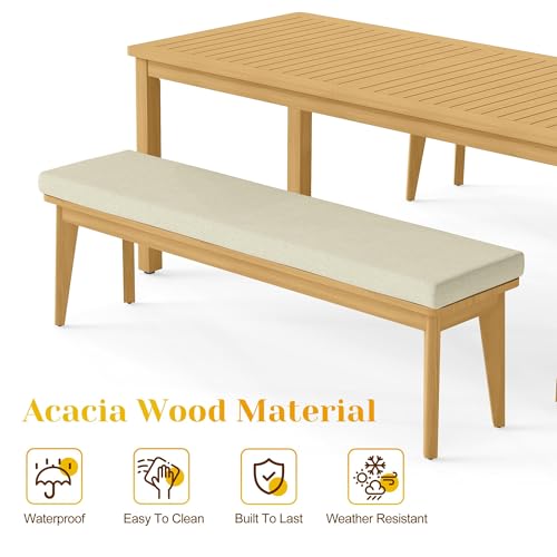 FansaFurn 3-Piece Outdoor Dining Set for 4 with 2 Benches and Cushion, All-Weather Acacia Wood Patio Table and Bench Set for Garden and Lawn, Beige