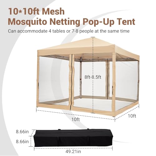 10x10 ft Pop-Up Canopy Tent with Mesh Mosquito Netting Sidewalls, Waterproof UV-Block Screen Shelter for Camping, Backyard, Patio, Garden & Outdoor Events - color: Beige, size: 10x10ft