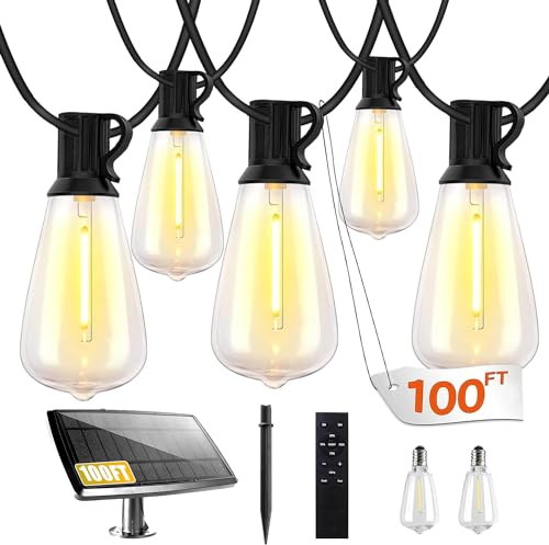 Bdrofn 100FT Solar String Lights Outdoor Waterproof, Solar Patio Lights with Remote Control & 30+2 Dimmable ST38 Edison Bulbs Shatterproof,Solar Powered String Lights for Outside Garden Backyard - size: 100FT