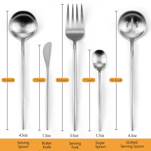 Large Serving Utensils Set,5 Pcs Stainless Steel Silver Serving Utensils with 10.8 Inch Serving Fork,10.3 Inch Serving Spoon,Slotted Serving Spoons,Sugar Spoons,Butter Knife for Party Buffet Banquet - color: Matte Silver