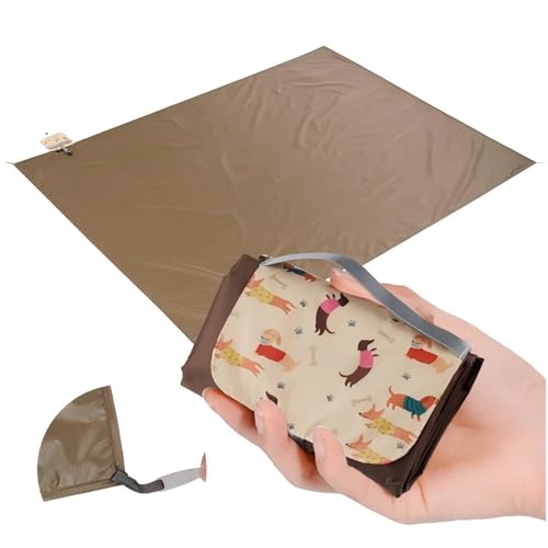Picnic Blanket Waterproof – Packable Sand Proof Beach Blanket (0.42lb/0.66lb), Compact & Foldable, Fits in Pocket with Integrated Stakes, Ideal for Camping, Hiking, Travel, Concert, Festival - size: Coffee Puppy 82.68" X 59.06" for 3-4 Persons