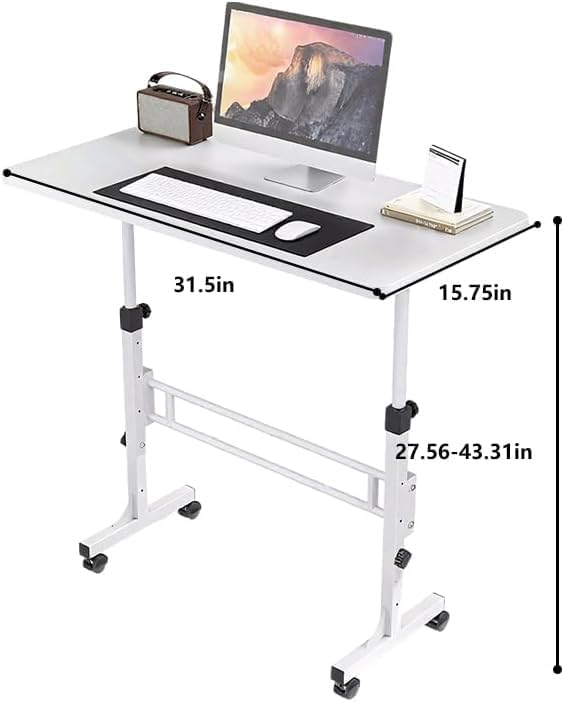 Portable Standing Desk Adjustable Height 27.5"-43.3", Small Computer Desk with Wheels, Foldable Home Office Desk, Folding Table for Laptop, Rolling Desk for Small Space, White