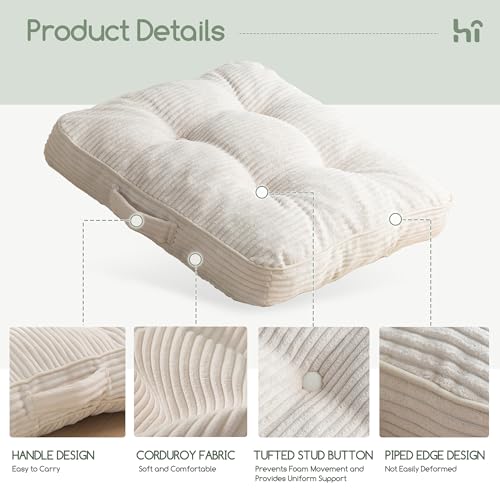 HIGOGOGO Floor Pillow Cushion for Adults, Meditation Cushion Pillow, Large Square Floor Sitting, Tufted Corduroy Cover, for Tatami Living Room or Yoga, 22x22 Inch, Beige - color: Square Beige, size: 4" Thick(Pack of 1)