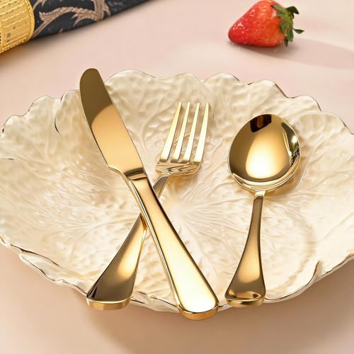 60 Piece Gold Silverware Set for 20, 18/0 Stainless Steel Heavy Forks Spoons and Knives Set, Mirror Finish Gold Flatware, Dishwasher Safe for Family Picnics Daily Gatherings - color: Gold