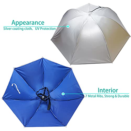 Umbrella Hat, 37 inch Fishing Umbrella Hat Hands Free Foldable UV Protection Umbrella Cap Adjustable Headwear for Fishing Golf Camping Beach Gardening Sunshade Outdoor - color: Silver-Blue