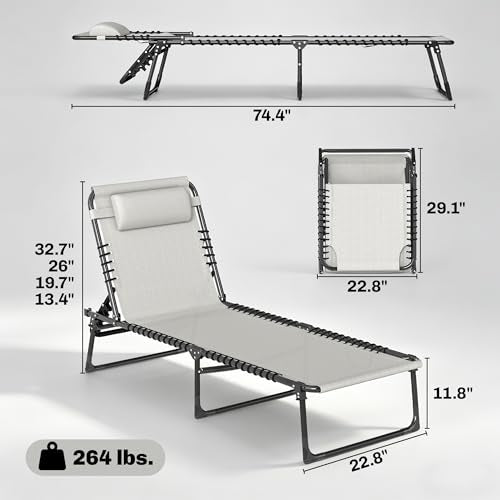 Outsunny Folding Chaise Lounge Chair, Patio Sun Tanning Chair, Outdoor Chaise Lounger with 4-Position Reclining Back, Breathable Mesh Seat for Beach, Poolside, Yard, Cream White - color: Cream White, size: 1 Pack