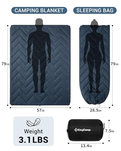KingCamp Large Camping Blanket with Sherpa Lining, Packable Down Alternative Puffy Printed Wearable Blanket with Snap Buttons, Warm Weatherproof Quilt for Outdoor Travel (79" L x 57" W, Grey/Navy) - color: Sherpa-grey/Navy, size: 79" x 57"- Sherpa Fleece