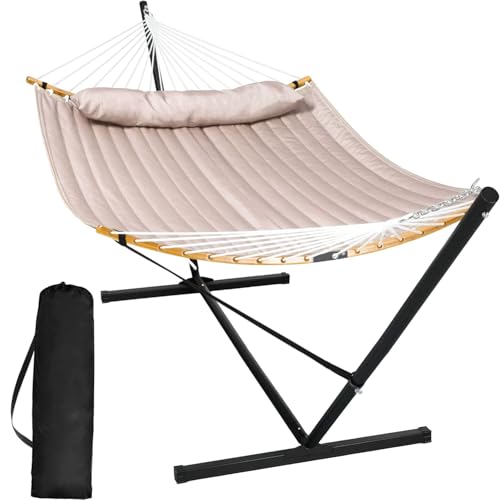 SUNCREAT 55 Inch Large Double Hammock with Stand, 450lbs Capacity, Outdoor Portable Hammock with Curved Spreader Bar, Extra Large Pillow, Tan - color: Tan