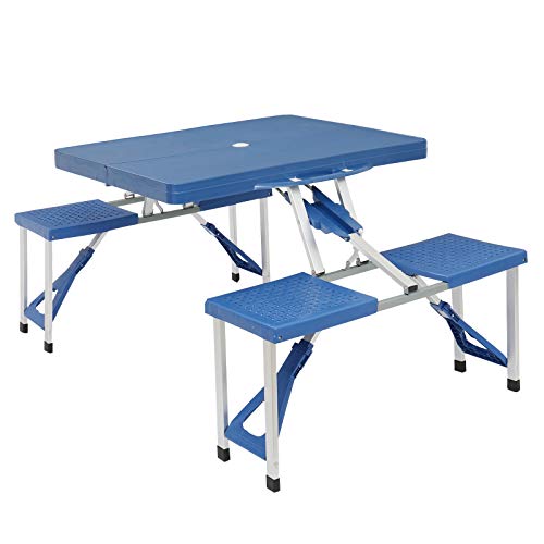 Folding Picnic Table with Umbrella Hole,Aluminum Suitcase Portable Outdoor Table with 4 Seats,for Patio,Porch or Camping Table and Chair Set (Blue)