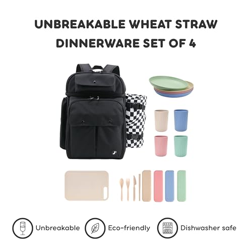 J World Picnic Backpack Cooler for 4. Insulated Picnic Basket Set with Folding Waterproof Blanket. Beach Camping Wedding Engagement Gift for Couples, Black - color: Black