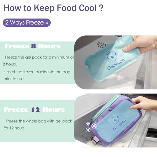 Genteen Small Cooler Bag with Ice Packs,Freezable Lunch Bag/Snack Bag,Small Insulated Bag Reusable Lunch Bag Kids with Zip Closure & Buckle Handle for Travel/School/Work,Purple - color: Purple