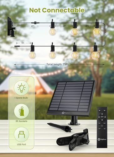 Brightown 75FT Solar String Lights Outdoor Waterproof with Remote, Solar Patio Lights with 35 Shatterproof LED Bulbs, 3 Light Mode, Dimmable & Timer, Hanging String Lights for Porch Garden Bistro - size: 75FT G40
