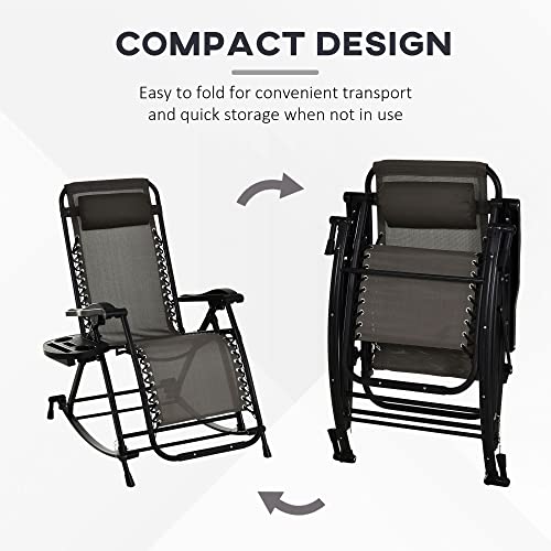 Outsunny Outdoor Rocking Chairs, Foldable Reclining Zero Gravity Lounge Rocker with Pillow, Cup & Phone Holder, Combo Design with Folding Legs, Gray - color: Grey, size: 1 Pack